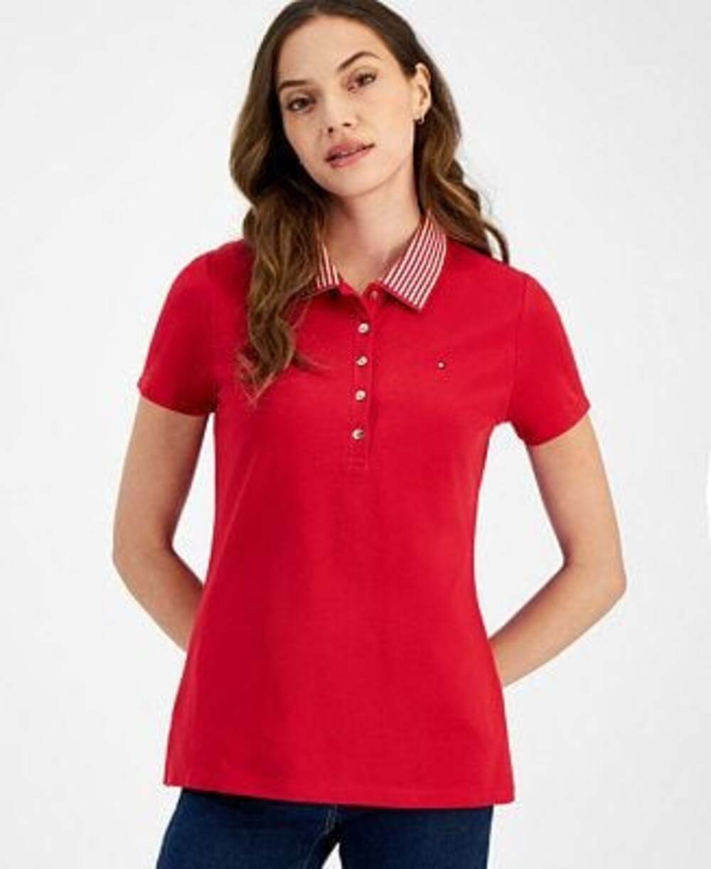 Tommy Hilfiger Women's Red Metallic Stripe Collar Short Sleeve Polo Shirt Size M